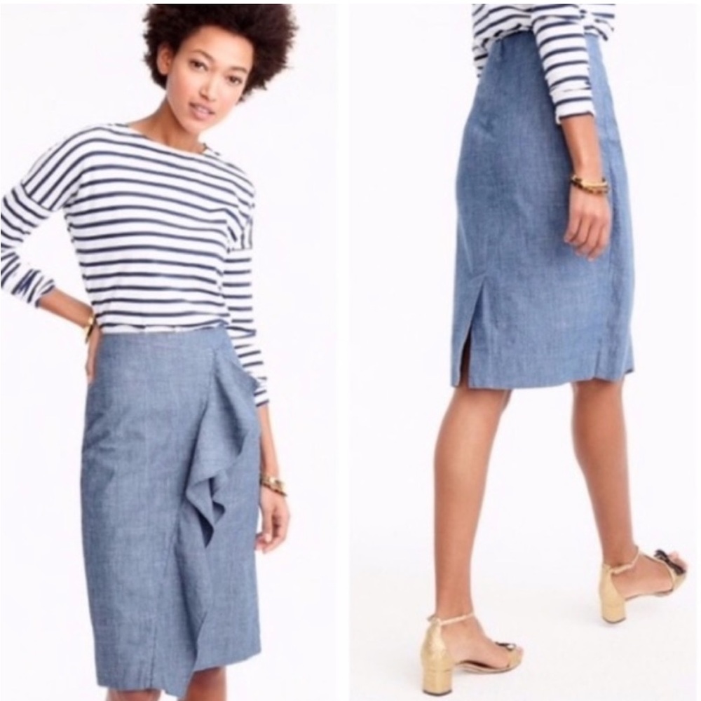 J.Crew denim ruffle front pencil skirt EUC